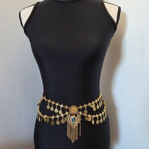Gold Coin Chain Belt With Blue Accent Decor